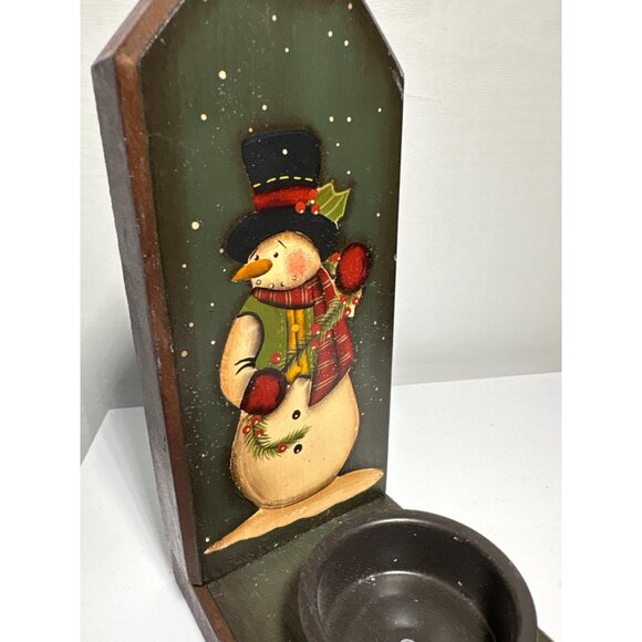 Crazy Mountain Snowman Candle Holder Shelf Wood Folk Art Christmas Country - Picture 2 of 6